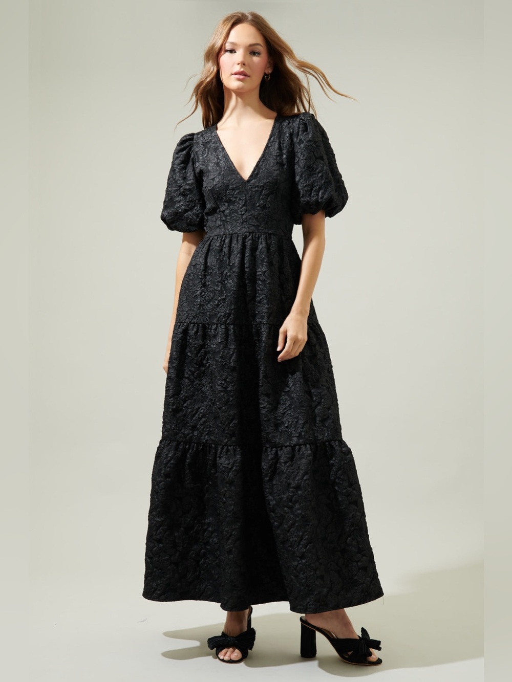 Sugarlips Black Textured Puff-Sleeve V-Neck Midi Dress NWOT - Small